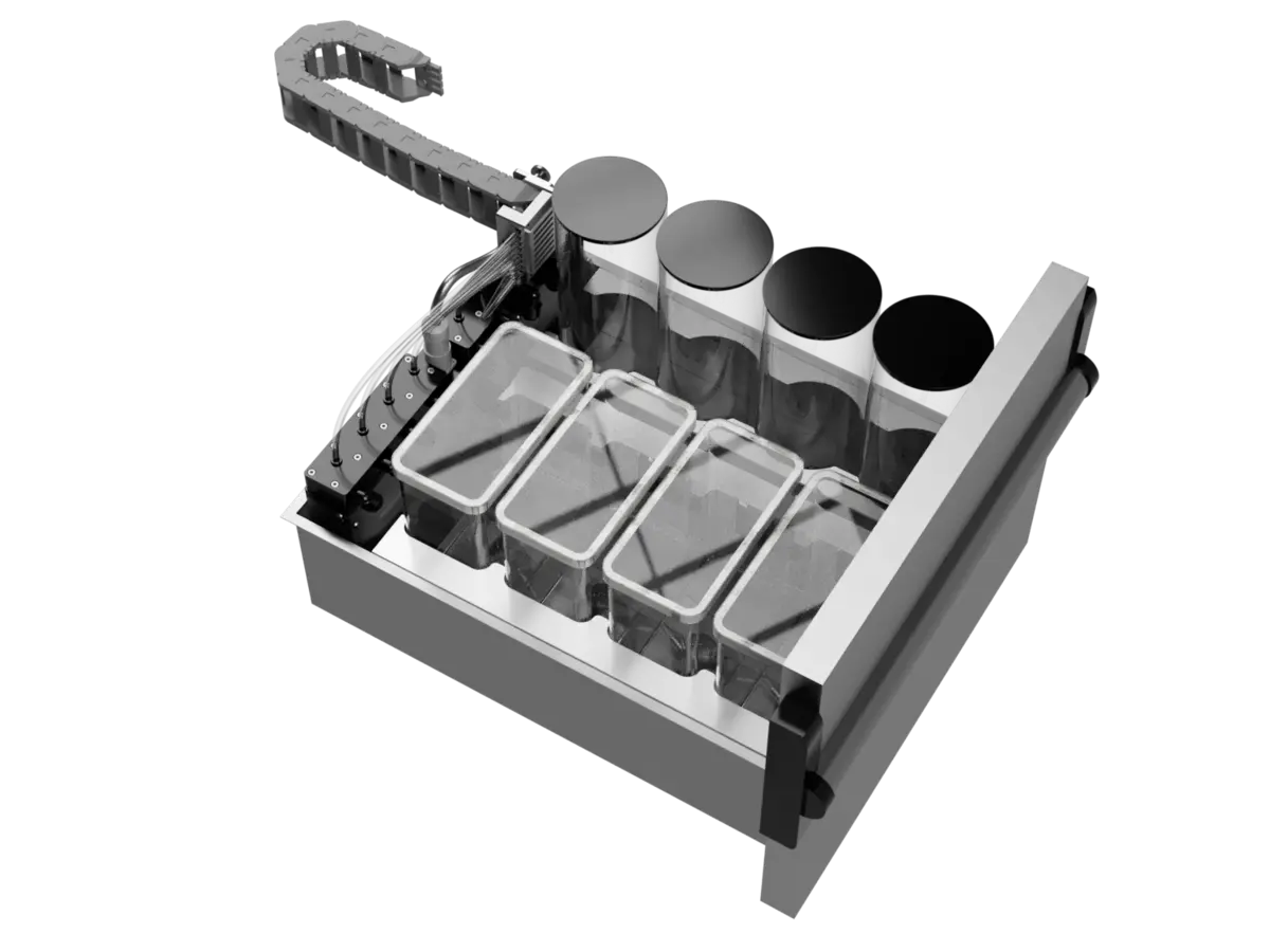 Technical rendering of a modular Tapmatix ingredient drawer